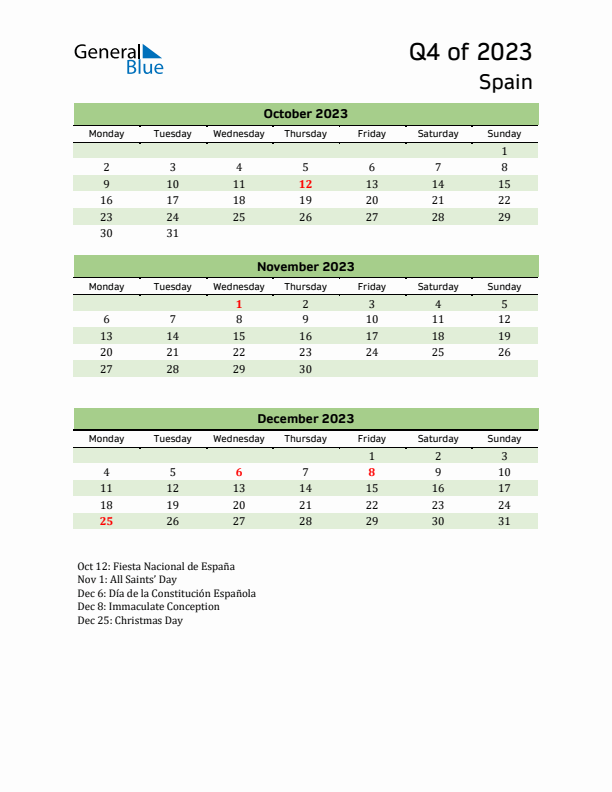 Quarterly Calendar 2023 with Spain Holidays