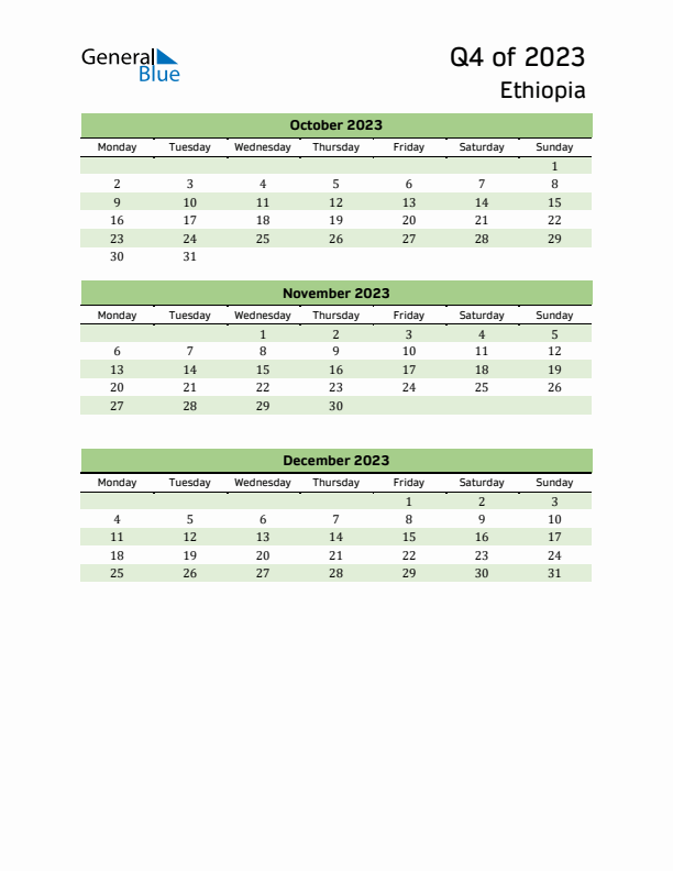 Quarterly Calendar 2023 with Ethiopia Holidays