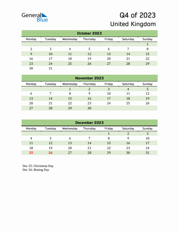 Quarterly Calendar 2023 with United Kingdom Holidays