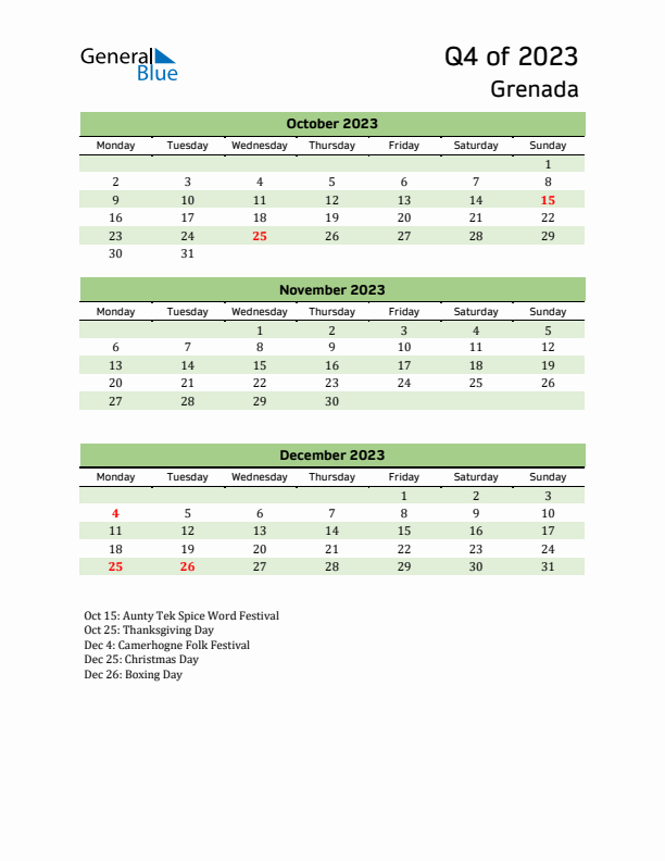 Quarterly Calendar 2023 with Grenada Holidays