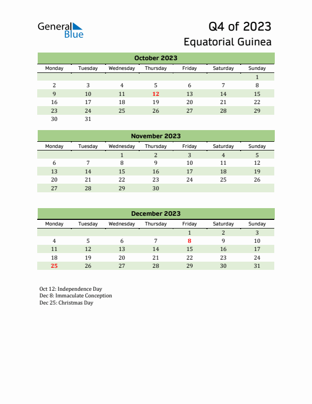 Quarterly Calendar 2023 with Equatorial Guinea Holidays