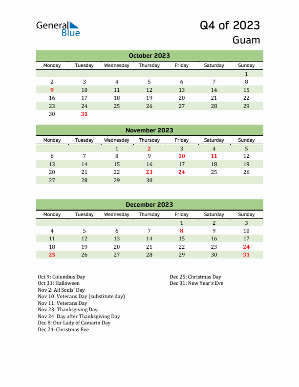 Quarterly Calendar 2023 with Guam Holidays