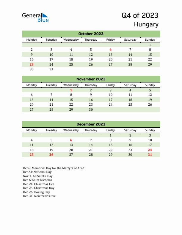 Quarterly Calendar 2023 with Hungary Holidays