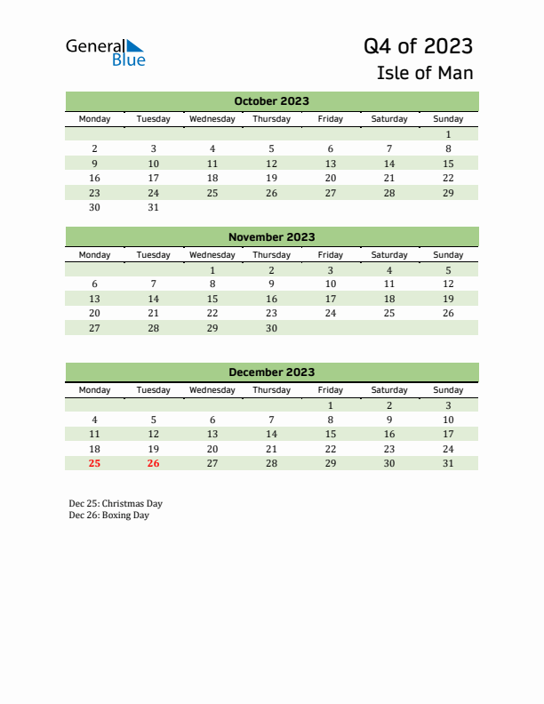 Quarterly Calendar 2023 with Isle of Man Holidays