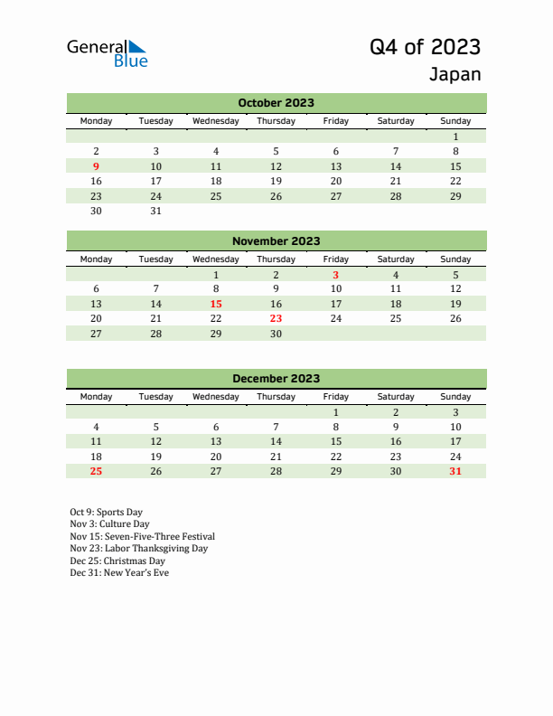 Quarterly Calendar 2023 with Japan Holidays