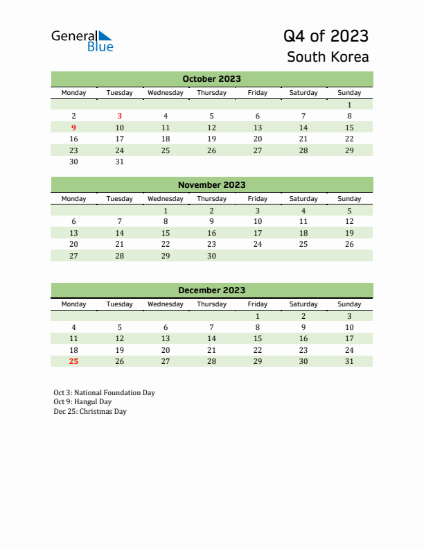 Quarterly Calendar 2023 with South Korea Holidays