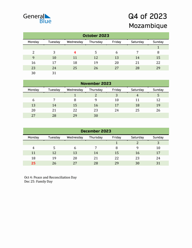 Quarterly Calendar 2023 with Mozambique Holidays