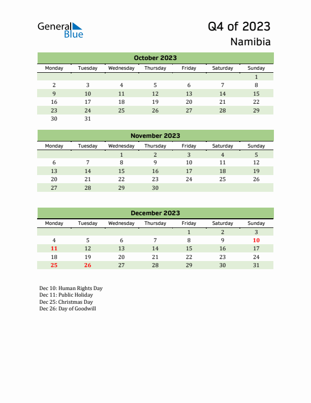 Quarterly Calendar 2023 with Namibia Holidays