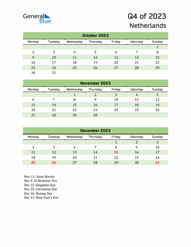 Quarterly Calendar 2023 with The Netherlands Holidays