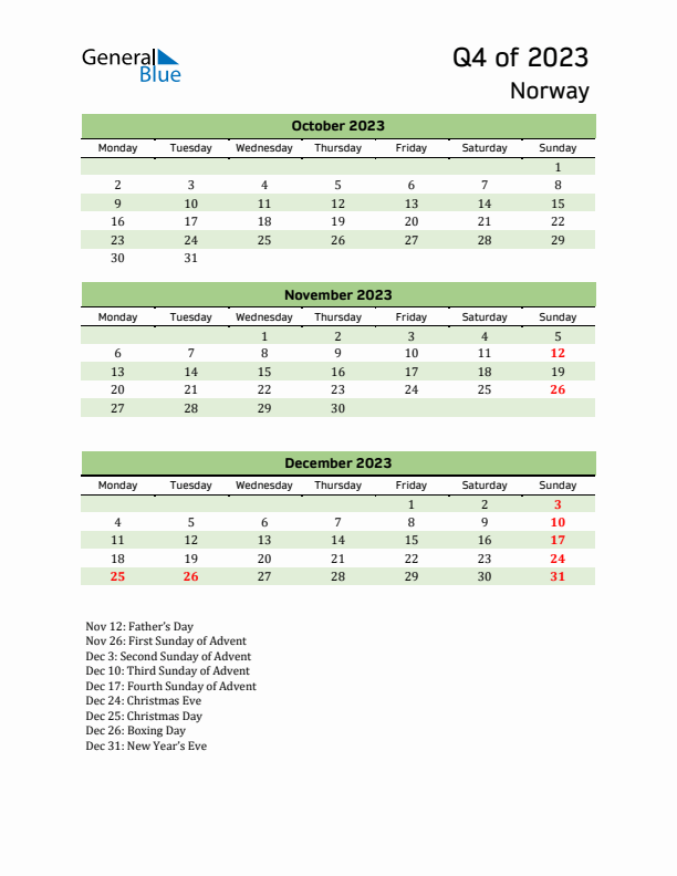 Quarterly Calendar 2023 with Norway Holidays