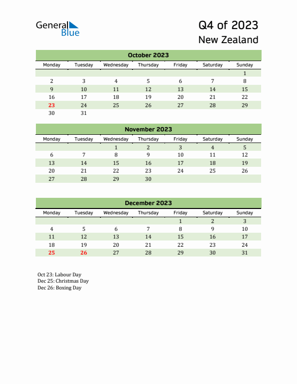 Quarterly Calendar 2023 with New Zealand Holidays