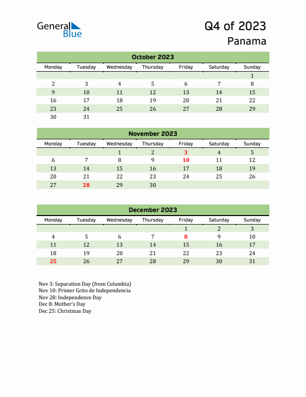 Quarterly Calendar 2023 with Panama Holidays