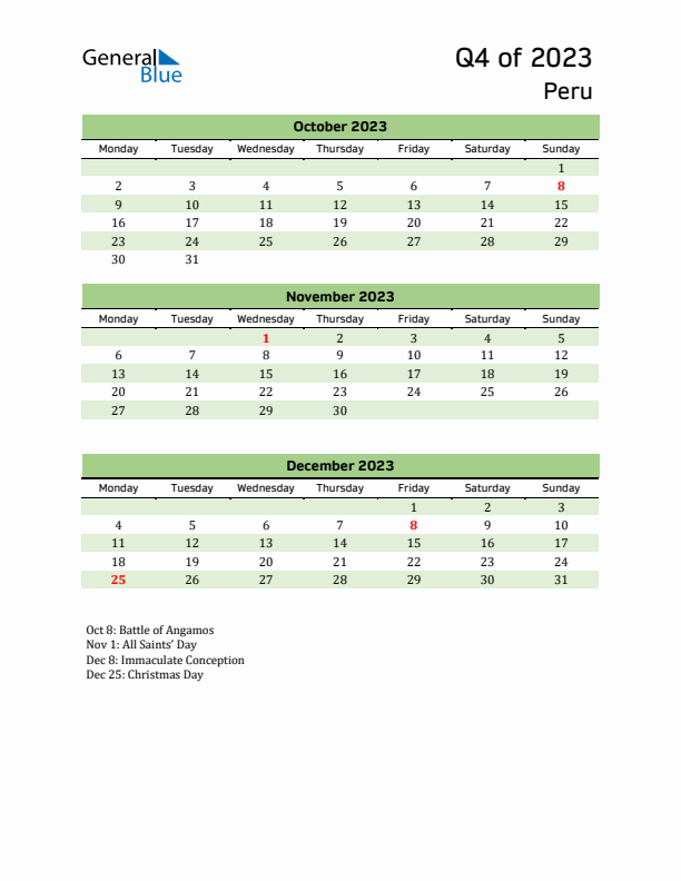 Quarterly Calendar 2023 with Peru Holidays