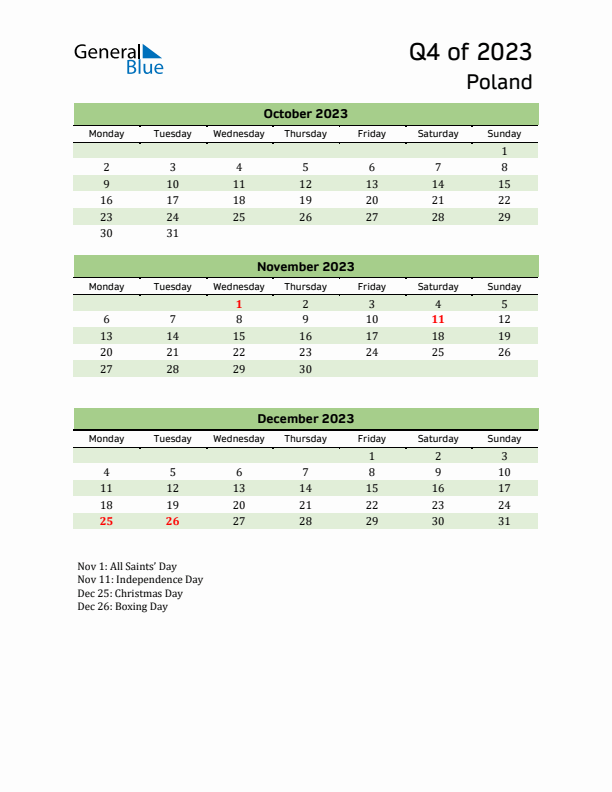 Quarterly Calendar 2023 with Poland Holidays