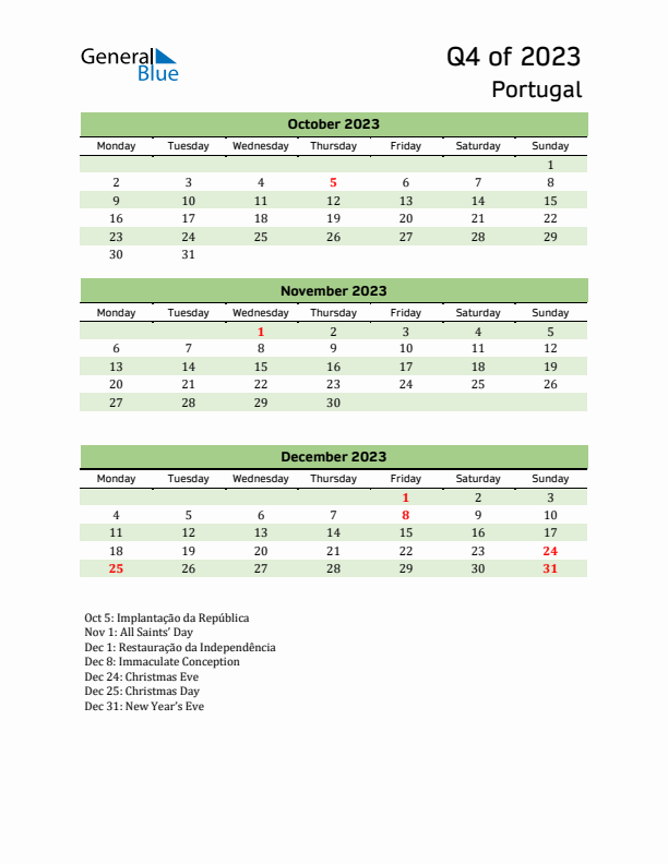 Quarterly Calendar 2023 with Portugal Holidays