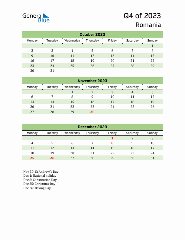 Quarterly Calendar 2023 with Romania Holidays