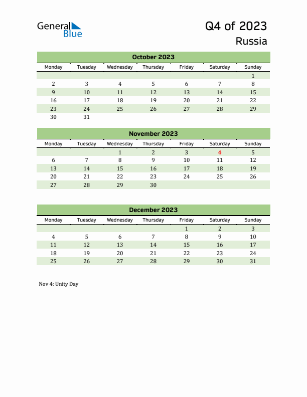 Quarterly Calendar 2023 with Russia Holidays