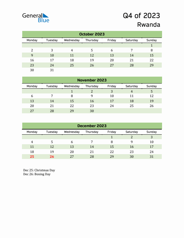 Quarterly Calendar 2023 with Rwanda Holidays