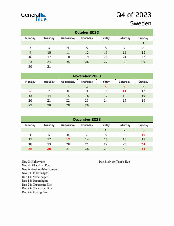 Quarterly Calendar 2023 with Sweden Holidays