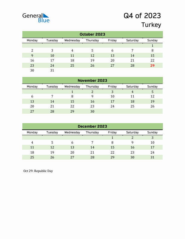 Quarterly Calendar 2023 with Turkey Holidays