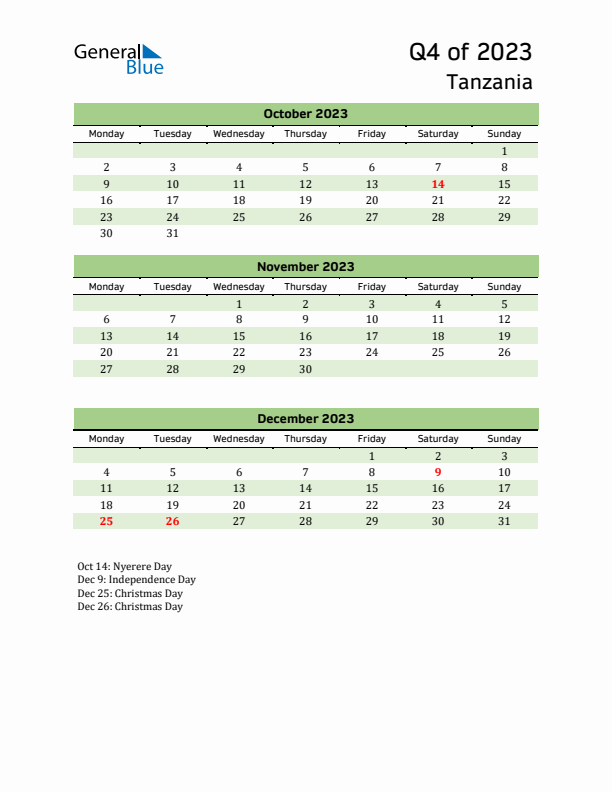 Quarterly Calendar 2023 with Tanzania Holidays