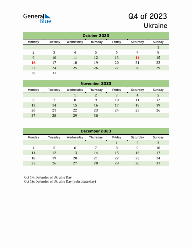 Quarterly Calendar 2023 with Ukraine Holidays