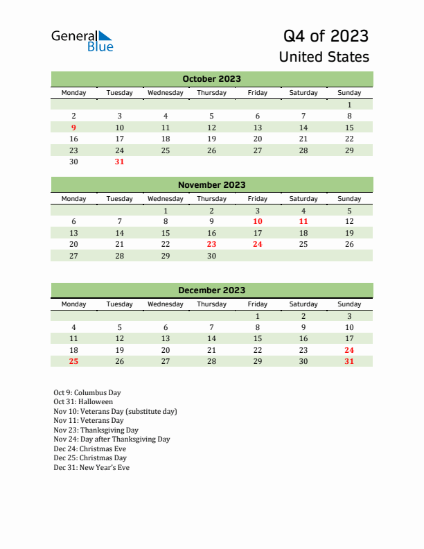 Quarterly Calendar 2023 with United States Holidays