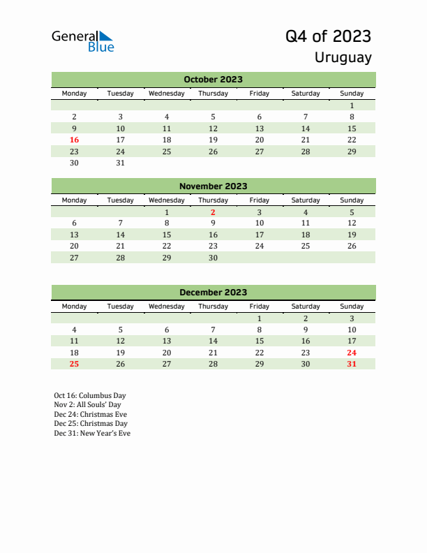 Quarterly Calendar 2023 with Uruguay Holidays