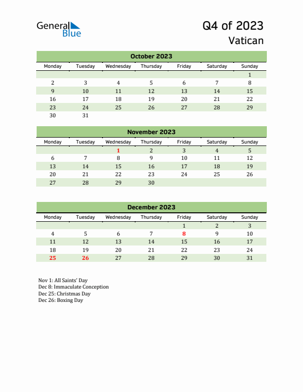 Quarterly Calendar 2023 with Vatican Holidays