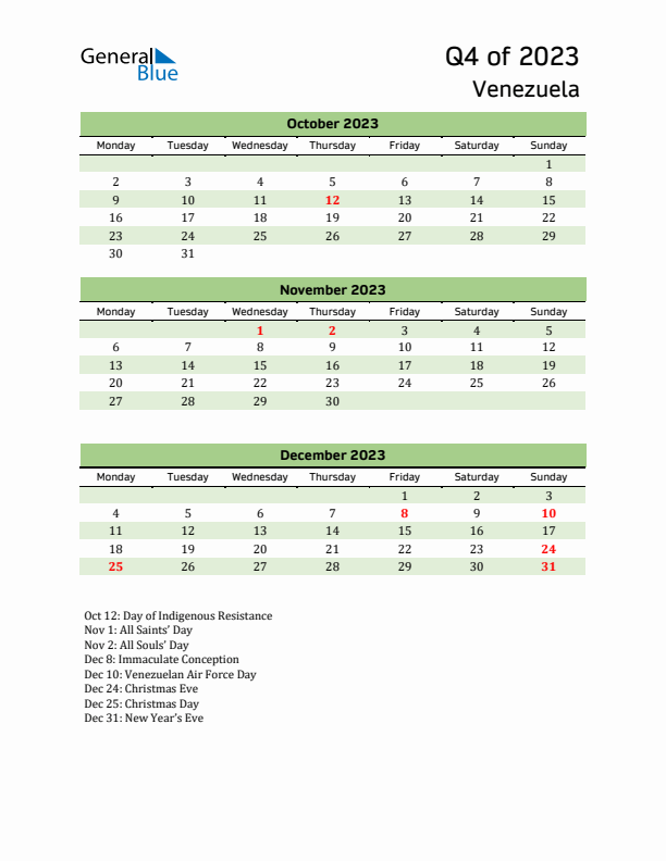 Quarterly Calendar 2023 with Venezuela Holidays