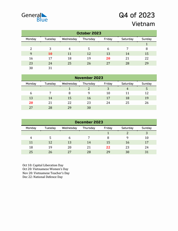 Quarterly Calendar 2023 with Vietnam Holidays