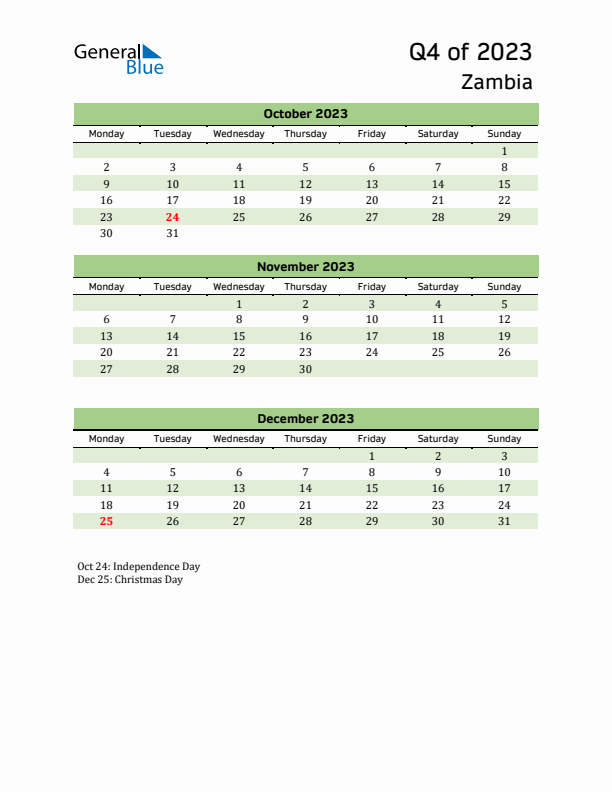 Quarterly Calendar 2023 with Zambia Holidays