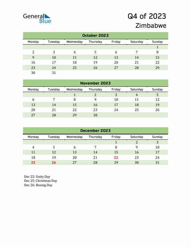 Quarterly Calendar 2023 with Zimbabwe Holidays