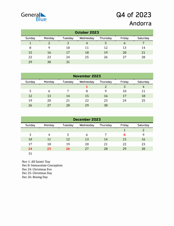 Quarterly Calendar 2023 with Andorra Holidays