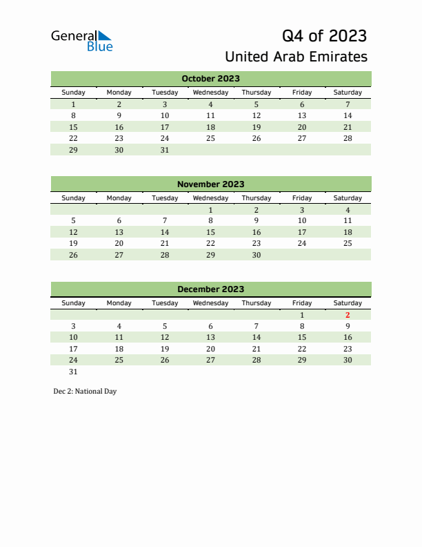 Quarterly Calendar 2023 with United Arab Emirates Holidays