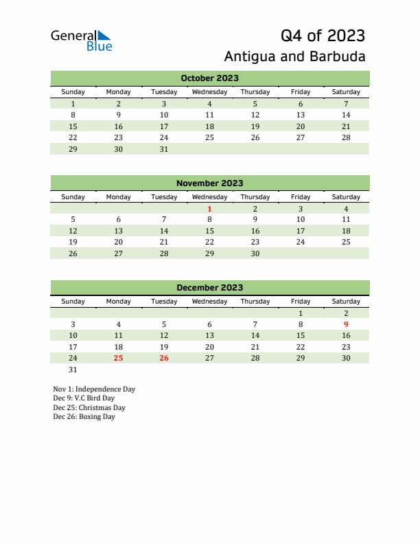 Quarterly Calendar 2023 with Antigua and Barbuda Holidays