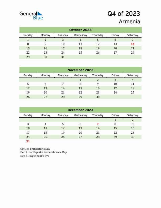 Quarterly Calendar 2023 with Armenia Holidays