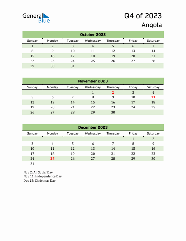 Quarterly Calendar 2023 with Angola Holidays