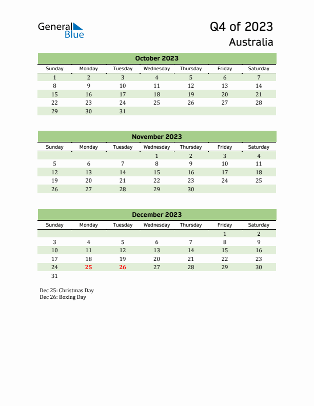 Quarterly Calendar 2023 with Australia Holidays