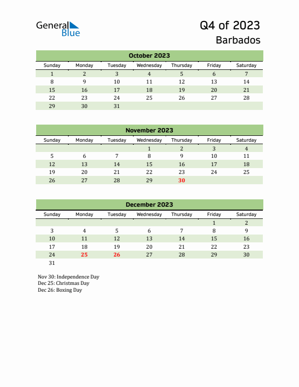 Quarterly Calendar 2023 with Barbados Holidays