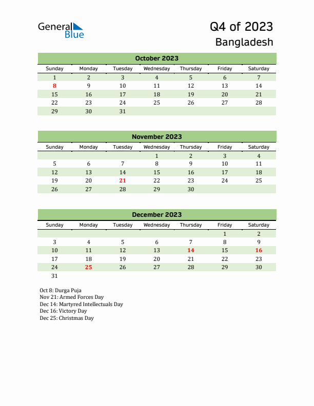 Quarterly Calendar 2023 with Bangladesh Holidays