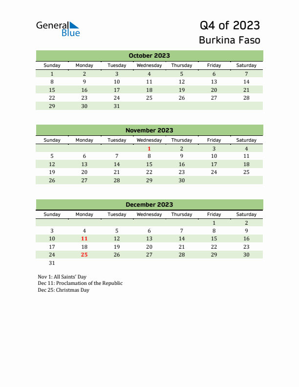 Quarterly Calendar 2023 with Burkina Faso Holidays