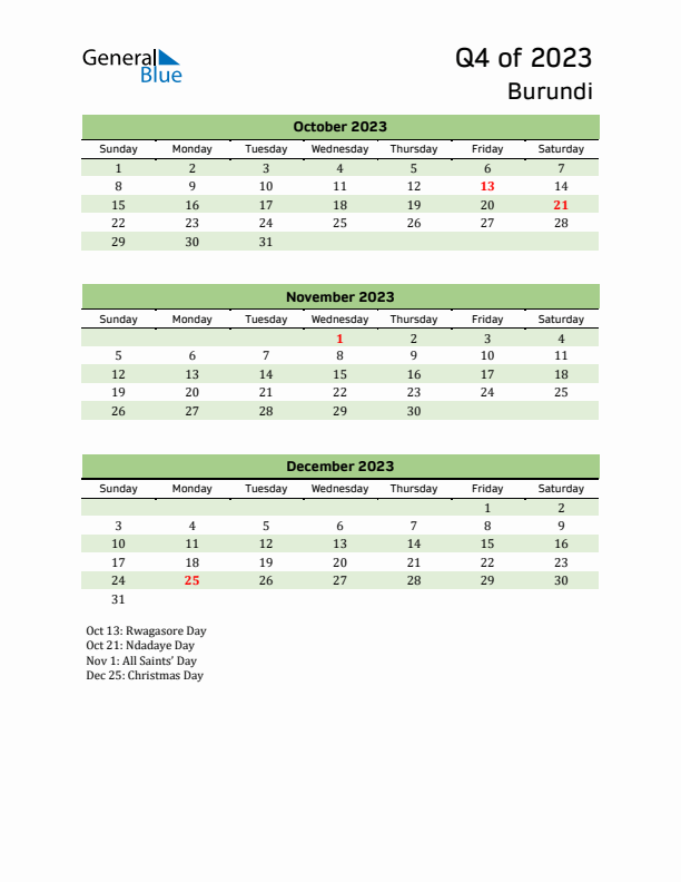 Quarterly Calendar 2023 with Burundi Holidays