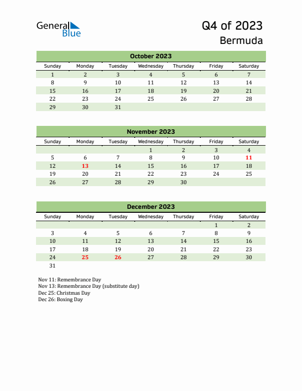 Quarterly Calendar 2023 with Bermuda Holidays