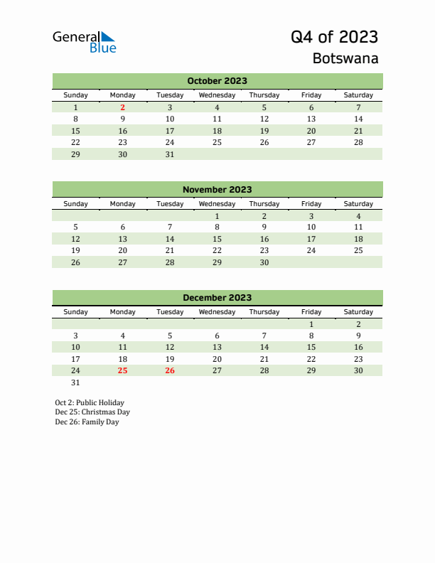 Quarterly Calendar 2023 with Botswana Holidays