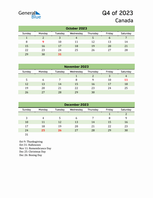 Quarterly Calendar 2023 with Canada Holidays