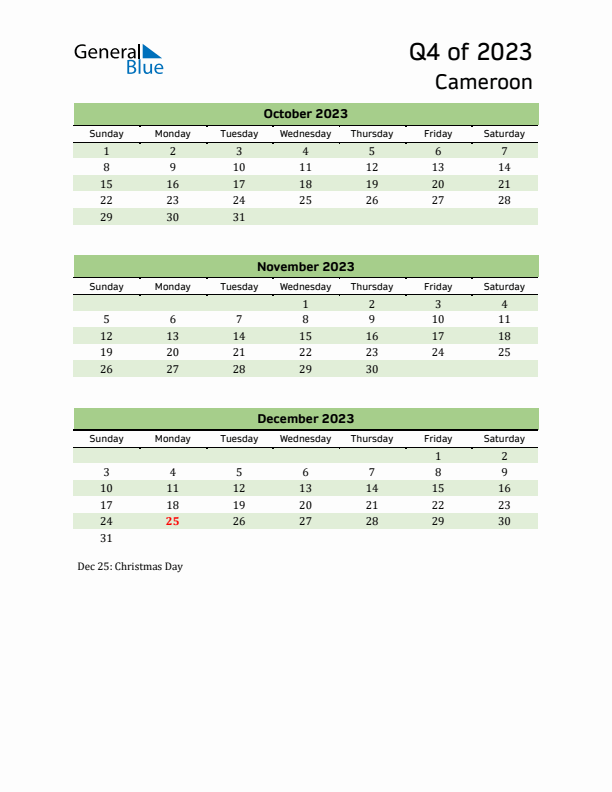 Quarterly Calendar 2023 with Cameroon Holidays