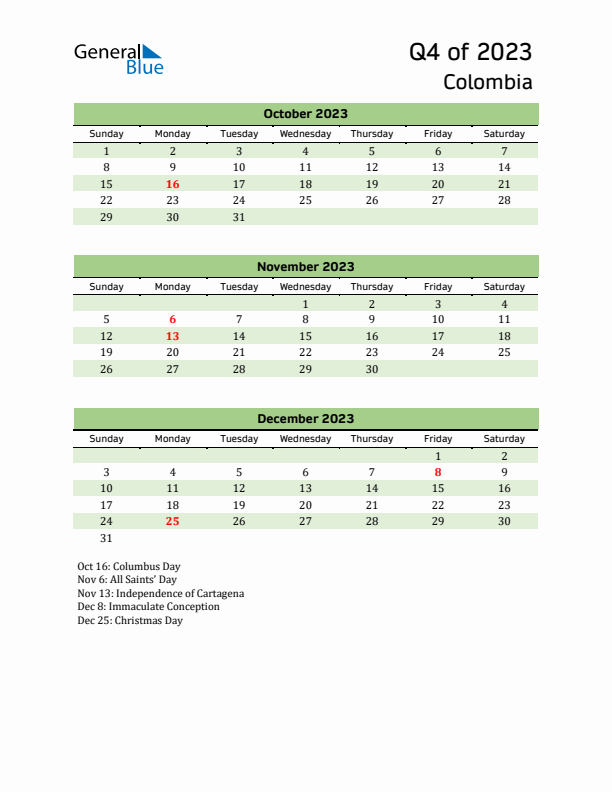 Quarterly Calendar 2023 with Colombia Holidays