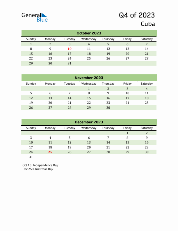 Quarterly Calendar 2023 with Cuba Holidays