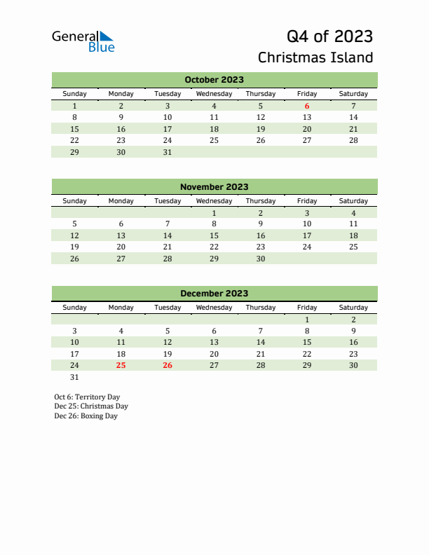 Quarterly Calendar 2023 with Christmas Island Holidays